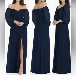 New Dessy Collection Off The Shoulder Puff Sleeve Maxi Dress Front Slit Midnight